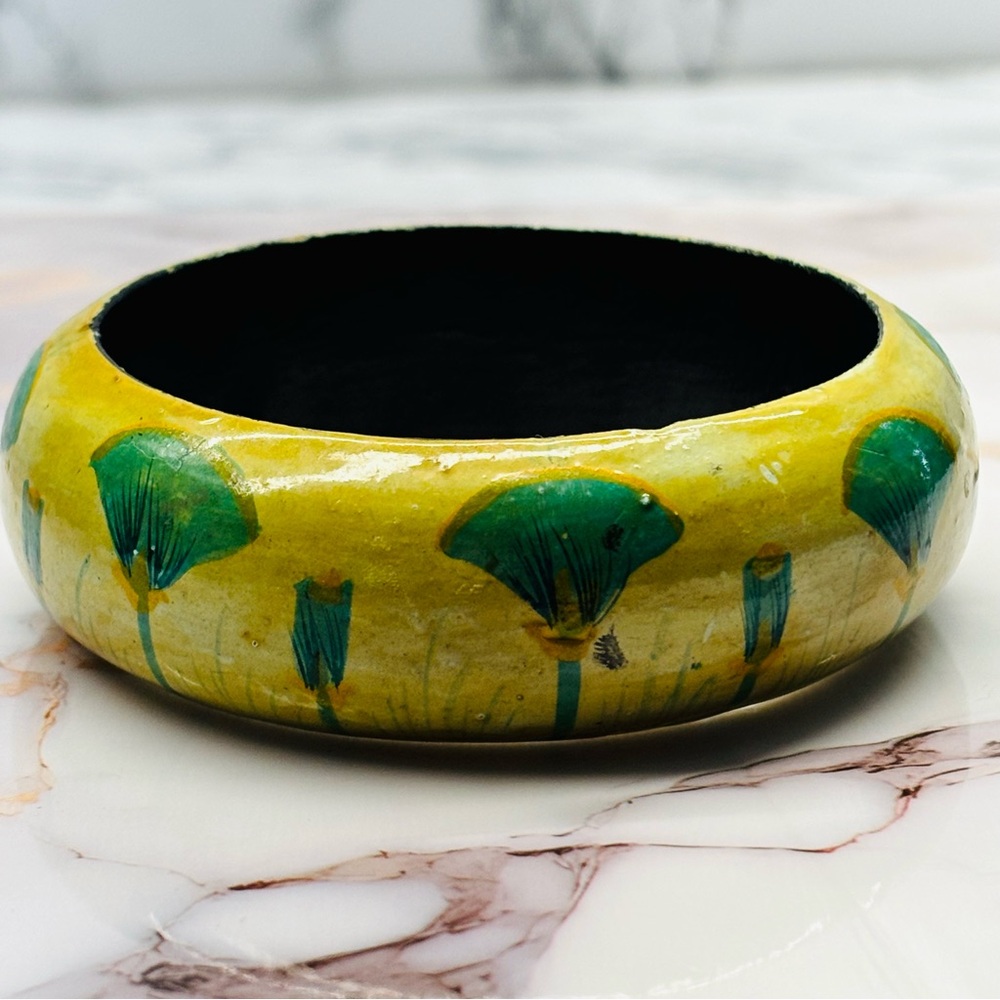 Vintage Hand Painted Yellow and Green Floral Wood Bangle Bracelet